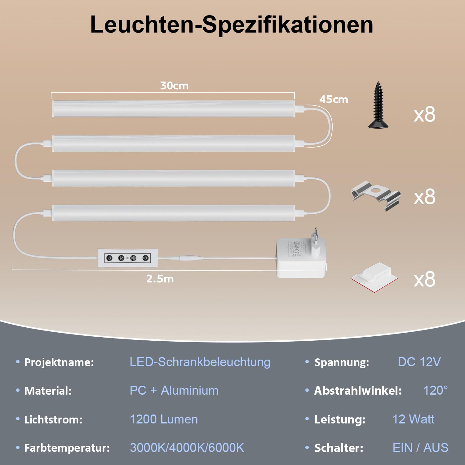 Juego de 4 lámparas LED para cocina de 30 cm, 12 W, 1200 lm, 230 V, 3 CCT, 3000 K-6500 K | Regulable, sin parpadeos, CRI ≥ 90, ampliable, iluminación LED para armario de cocina y taller con interruptor