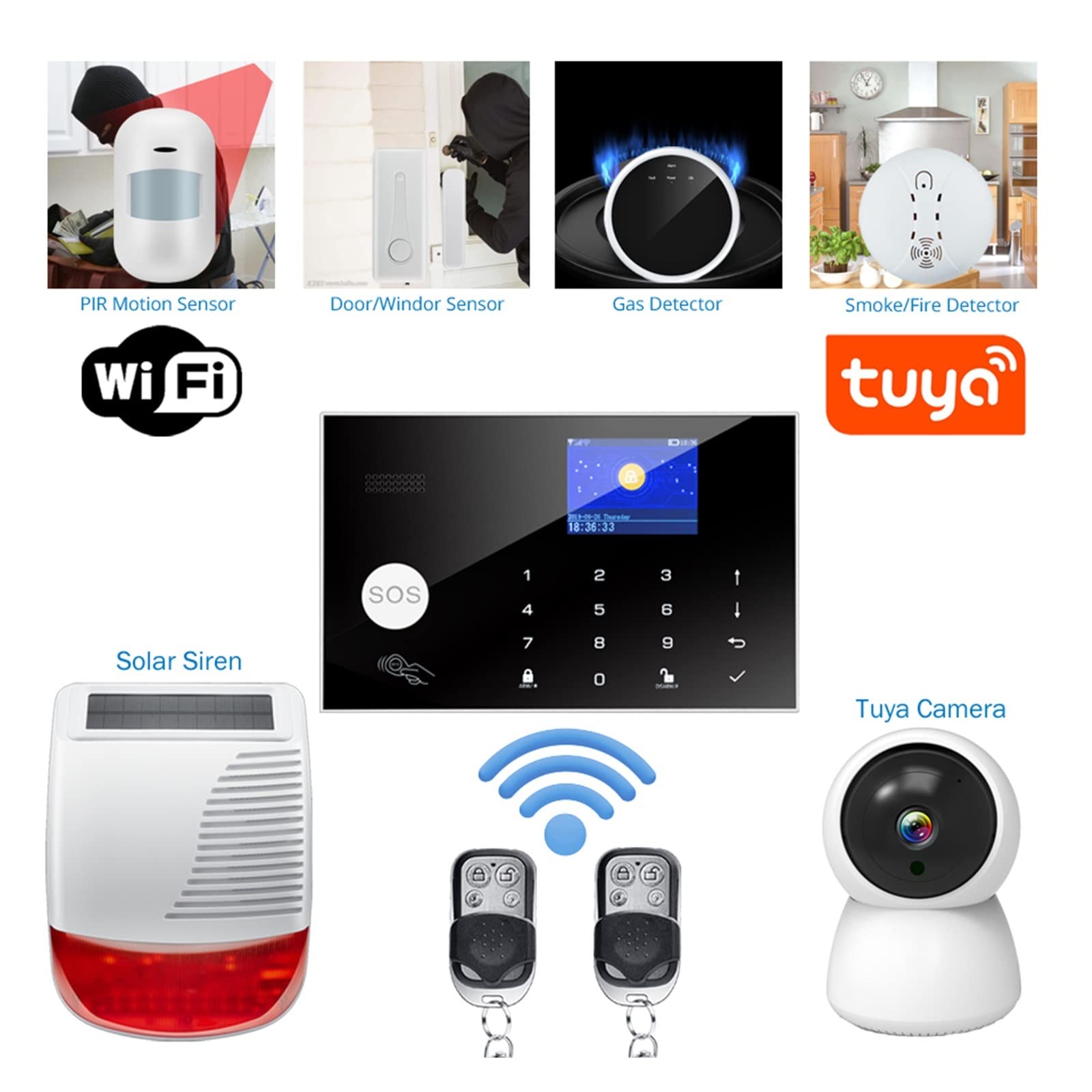 Tuya Wireless Home GSM Seguridad en el hogar con sensor detector de movimiento alarma antirrobo Para casa y garaje(W7B1)