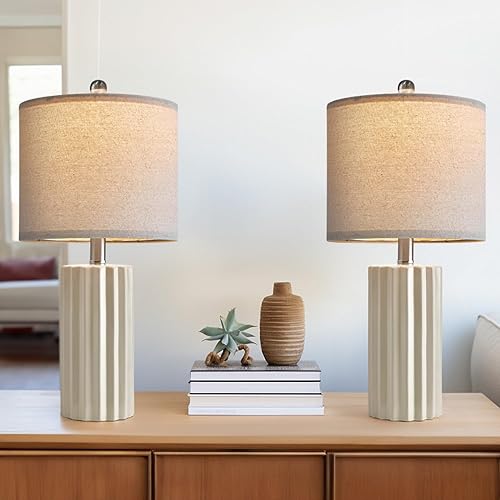 Miniatura 9 de Oneach Juego de 2 lámparas de mesa modernas de 21 pulgadas para sala de estar, lámparas de mesita de noche de cerámica con pantalla de lino,
