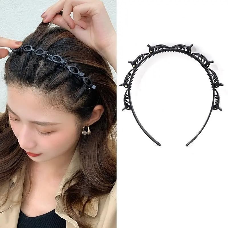 apsambr APSAMBR1 Pcs Double Layer Twist Plait Headband, Acrylic Double Bangs Hairpins Hairstyle Hairband Hair Tool with Alligator Clips for Girls and Women (Black)-picture-26
