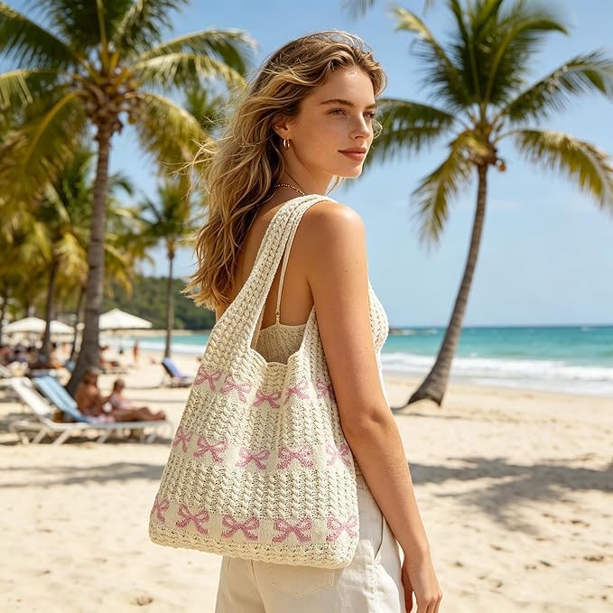 Bow Print Tote Bag for Women, Cute Casual Shoulder Bag, Large Capacity Aesthetic Tote Bag for Work, Travel, Shopping & Daily Casual Use miniatura 4