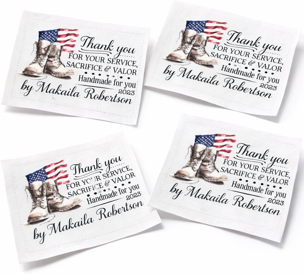 Personalized Patriotic Quilt Label – Thank You for Your Service – Custom Name & Year – Military Quilt Tag – Cotton Sew-On Fabric Labels – 4 per Sheet