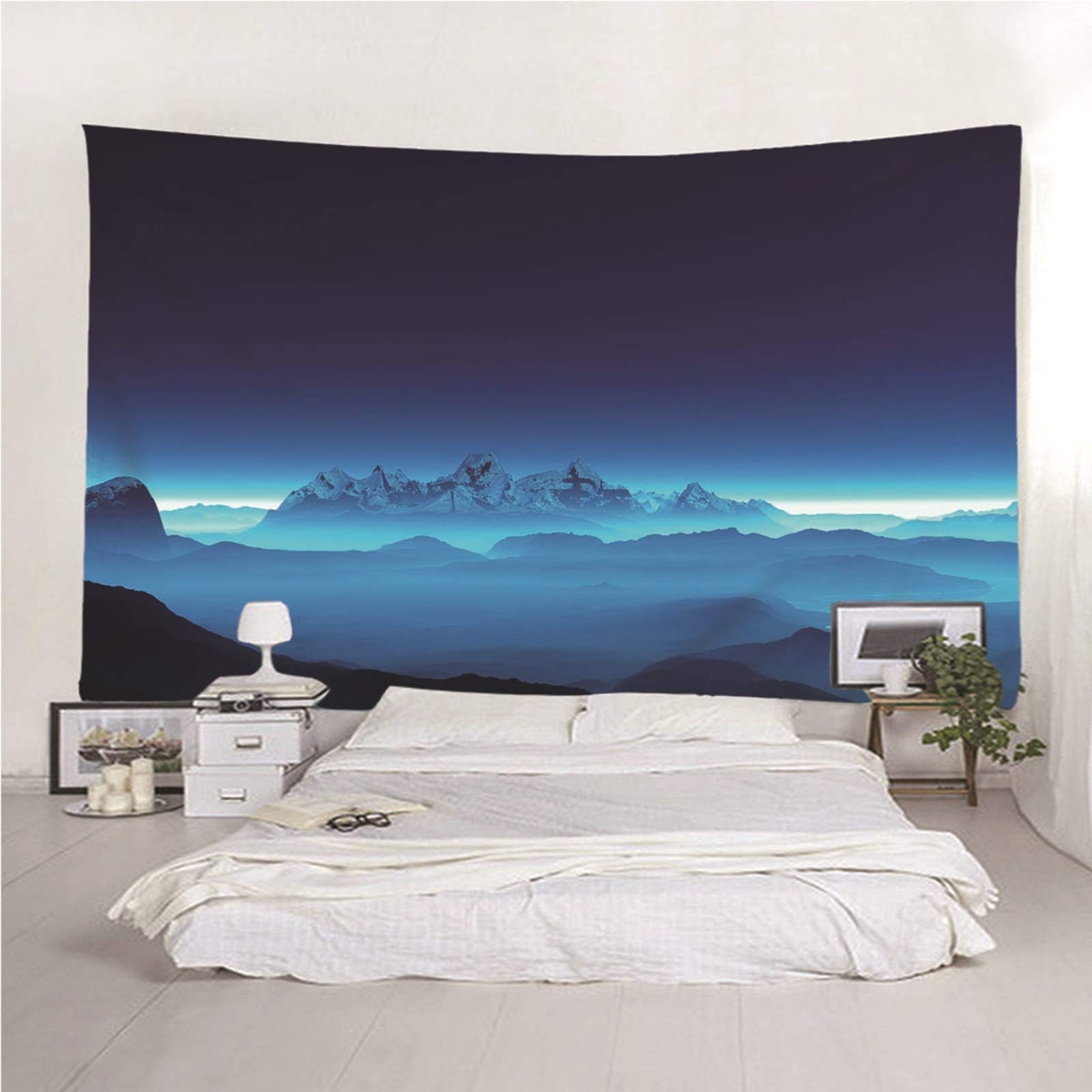 Tapiz Chic Suelo De Habitación Paisaje Montaña Azul Negro Pared Tela Pequeño para Decoración Sala Estar del Dormitorio 260X240Cm