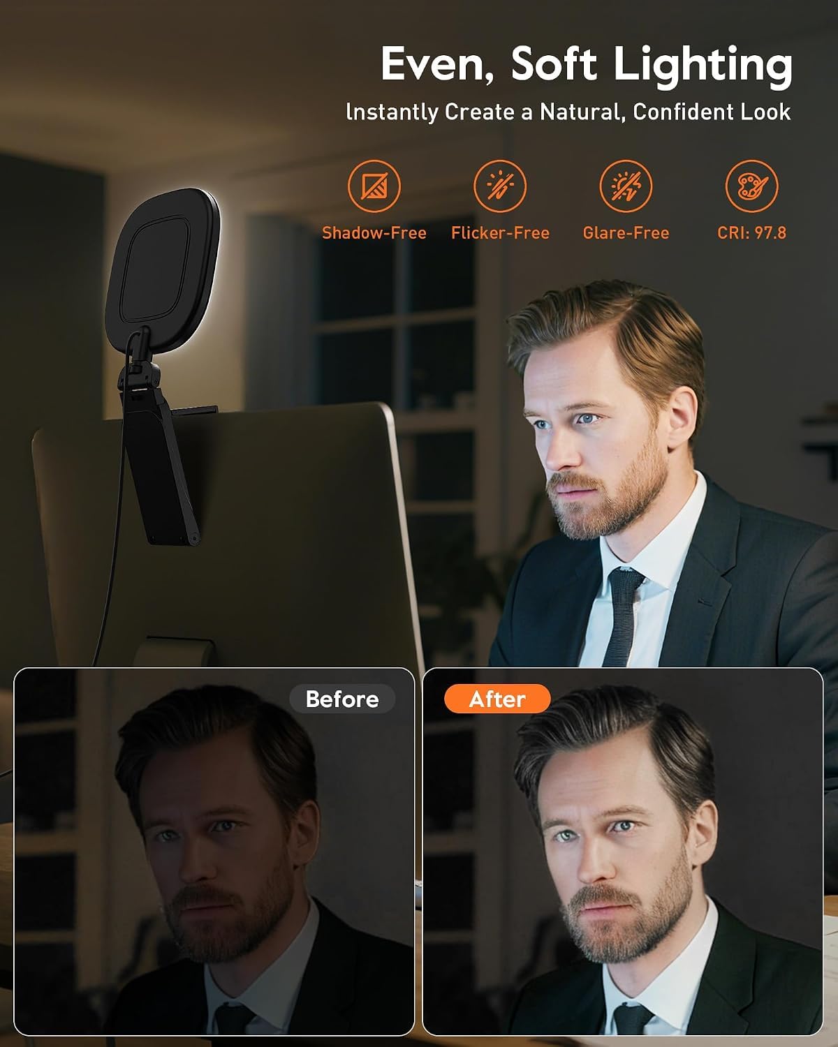 Luce ad anello aggiornata per laptop, monitor, scrivania e telefono, luce per webcam con 84 LED, 50 modalità di illuminazione, CRI 97.8+, piccola luce selfie alimentata tramite USB per zoom, streaming