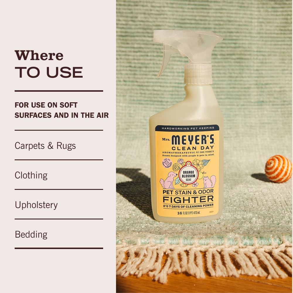 Mrs. Meyer's Clean Day - Combatiente de manchas y olores para mascotas, aroma a flor de azahar, 16 onzas