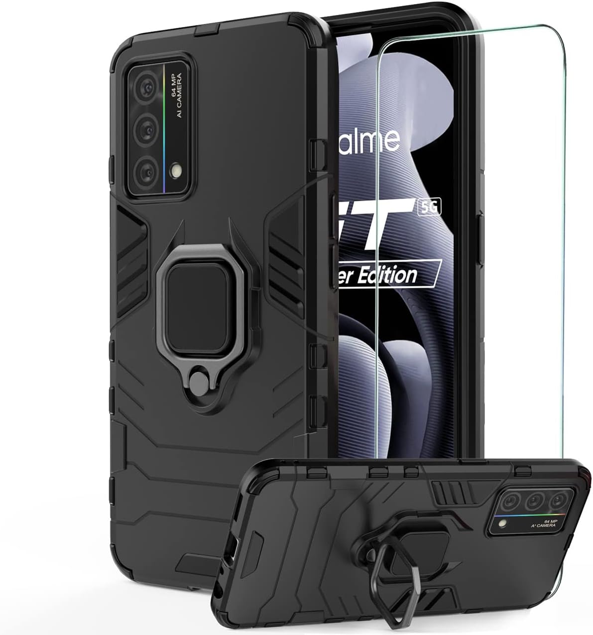 GKK DESCHE Case for Realme GT Master Edition, Cover with Tempered Glass, Shockproof Armour Phone Case with 360° Rotating Stand is compatible with Realme GT Master Edition - Black