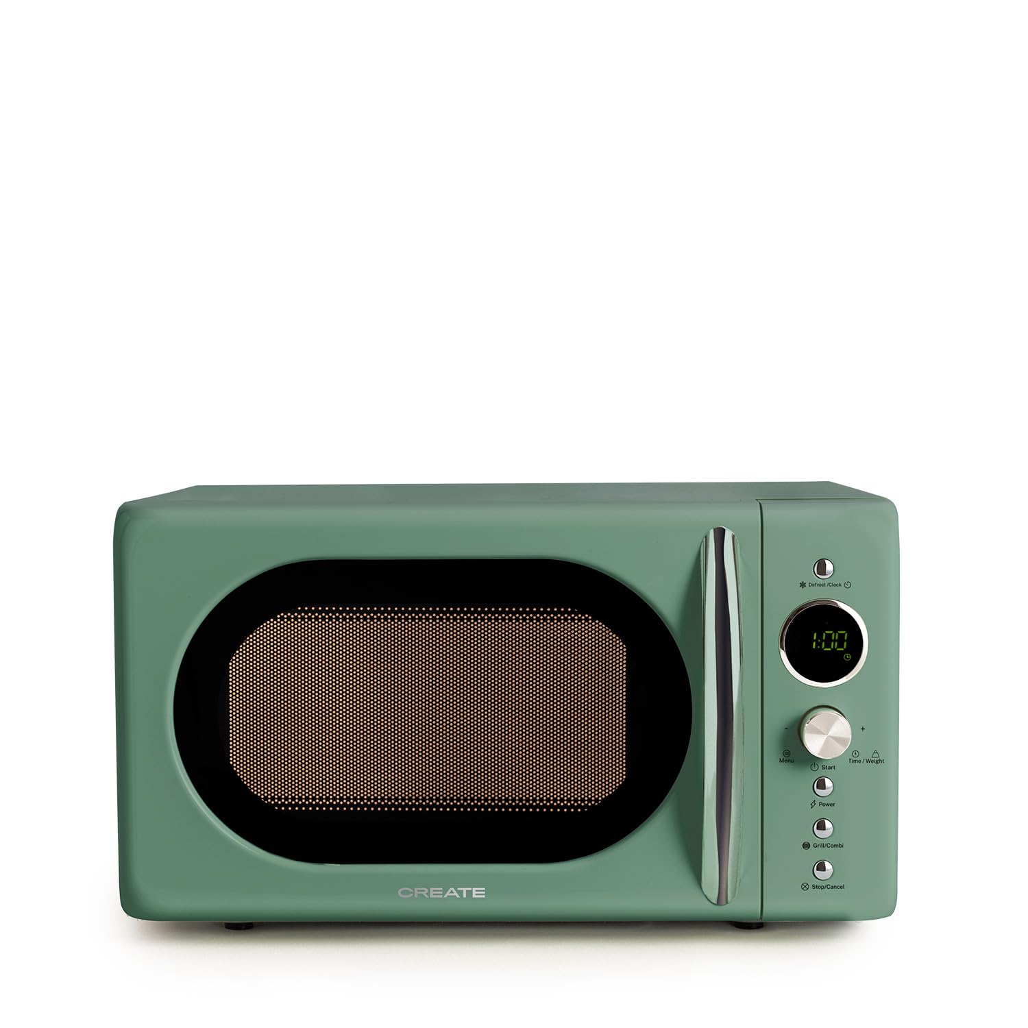 CREATE/MICROWAVE RETRO/Micro-ondes grill numérique vert sauge/Style rétro, capacité 20L, plateau Ø245 mm, 3 programmes, 9 menus préinstallés, cuisson en plusieurs étapes, écran LCD, 900W