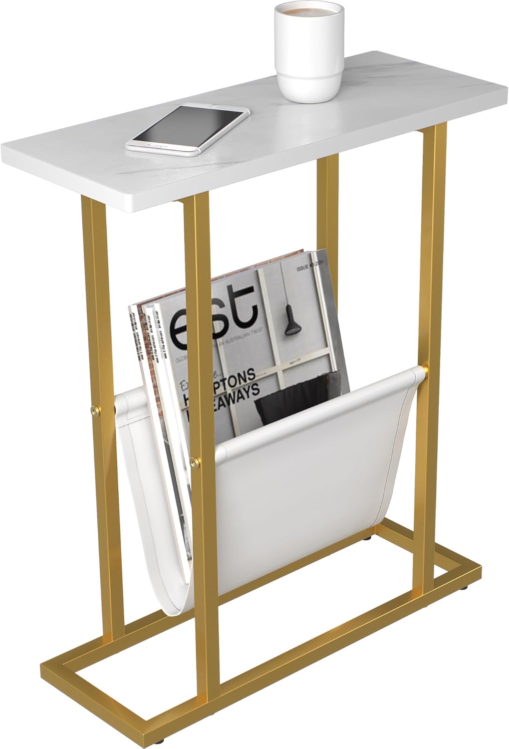 Yusong Small Narrow Side Table for Small Spaces, 17.7" W Slim End Table Magazine Table Nighstand with Storage Holder, Accent Skinny Snack Couch Bedside Table, Gold White, Complete Iron Pipes White 17.7" W
