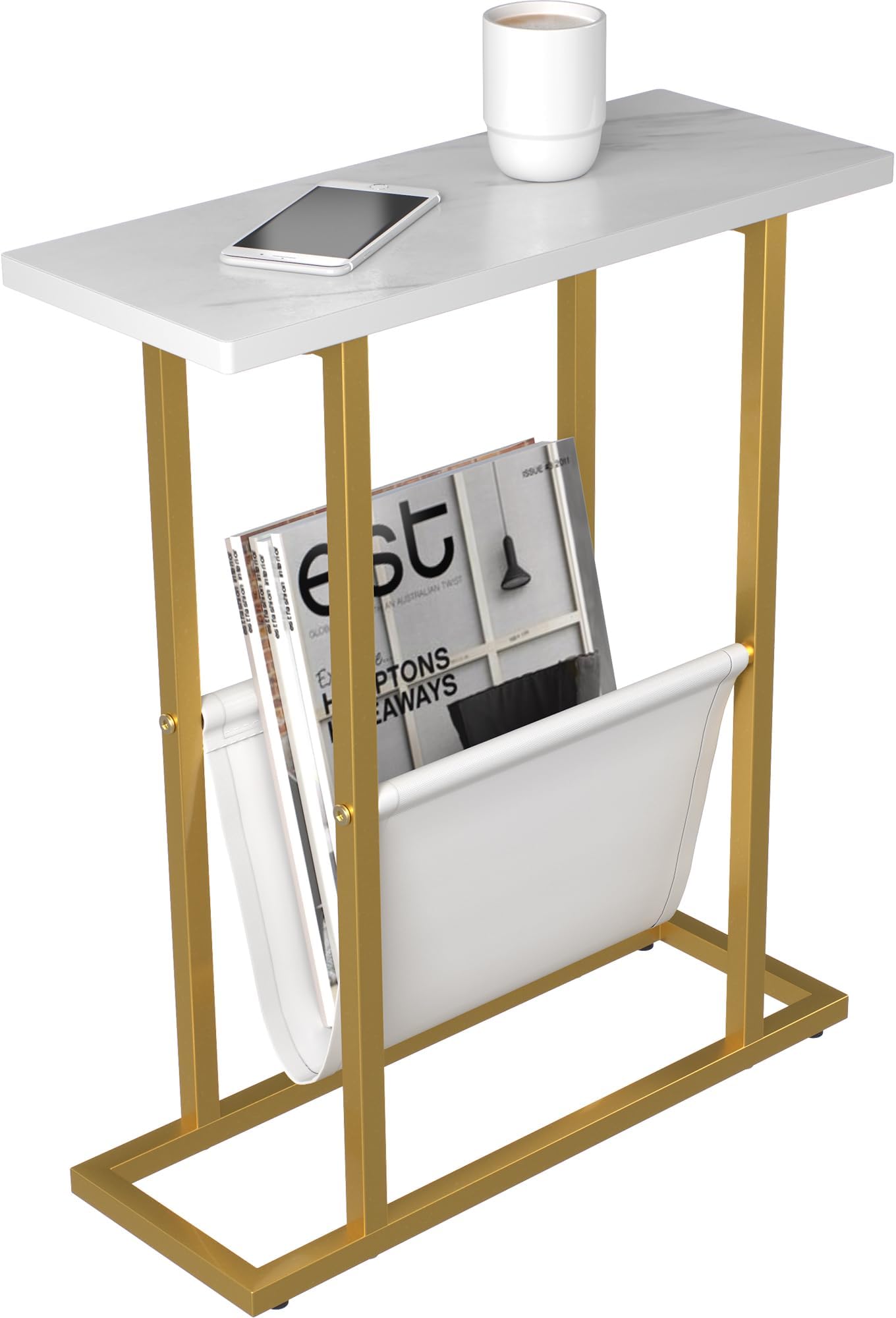 Yusong Small Narrow Side Table for Small Spaces, 17.7" W Slim End Table Magazine Table Nighstand with Storage Holder, Accent Skinny Snack Couch Bedside Table, Gold White, Complete Iron Pipes