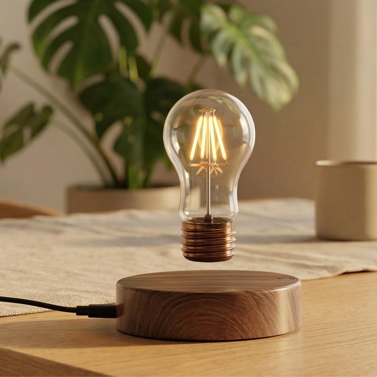 Magnetyczna lewitująca pływająca bezprzewodowa żarówka LED lampa biurkowa na wyjątkowe prezenty, wystrój pokoju, lampka nocna, dekoracja biurka do biura domowego (okrągła drewniana podstawa A)
