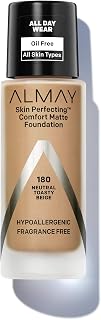 Almay Skin Perfecting Comfort Matte Foundation Liquid Makeup, Hypoallergenic, Cruelty- & Fragrance-Free, Dermatologist-Tested, 180 Neutral Toasty Beige, 1 fl oz