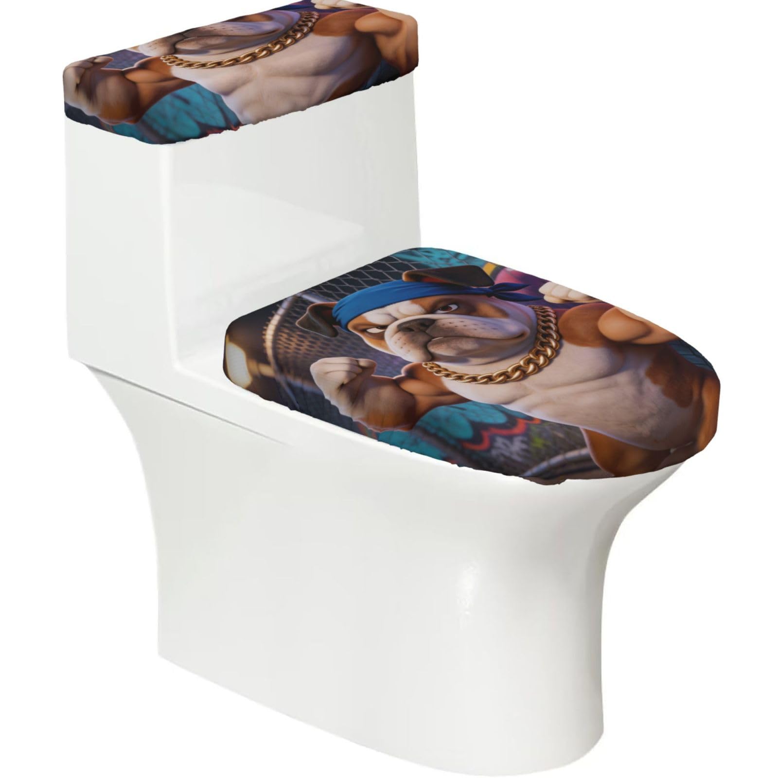 Bulldog Elastic Toilet Cover Set of 2-Stretchy Lid and Tank Covers for Bathroom, Soft Washable U Shape Toilet Decor