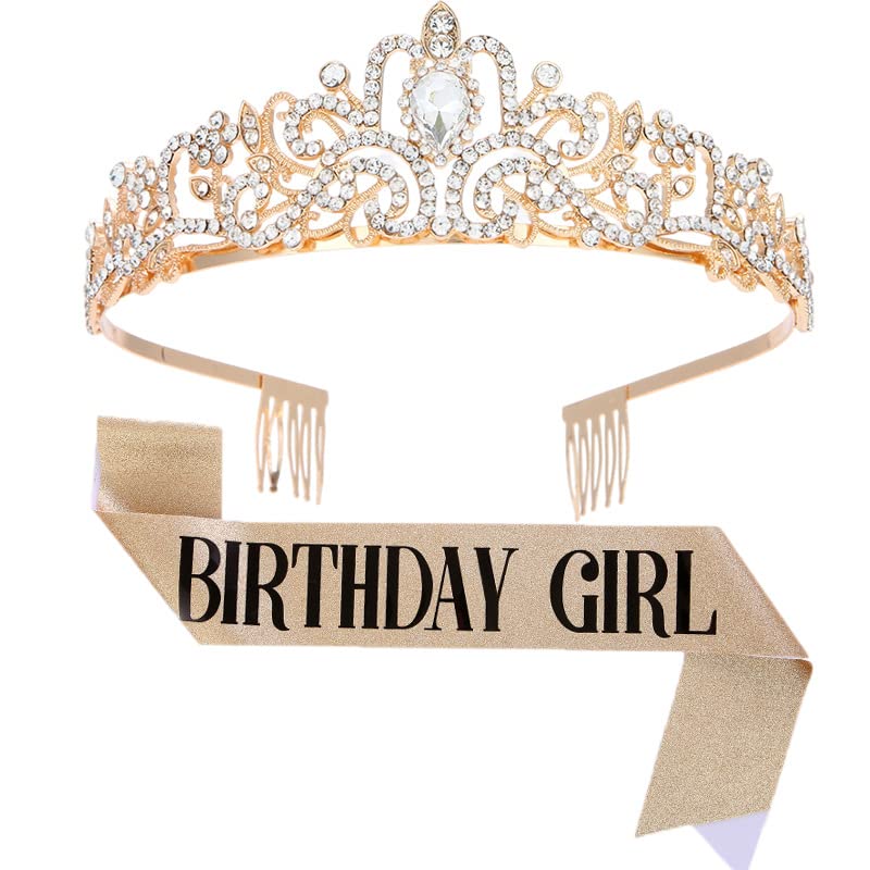 Generic Birthday Crown and Sash Set for Women and Girls - Gold Rhinestone Crystal Headband