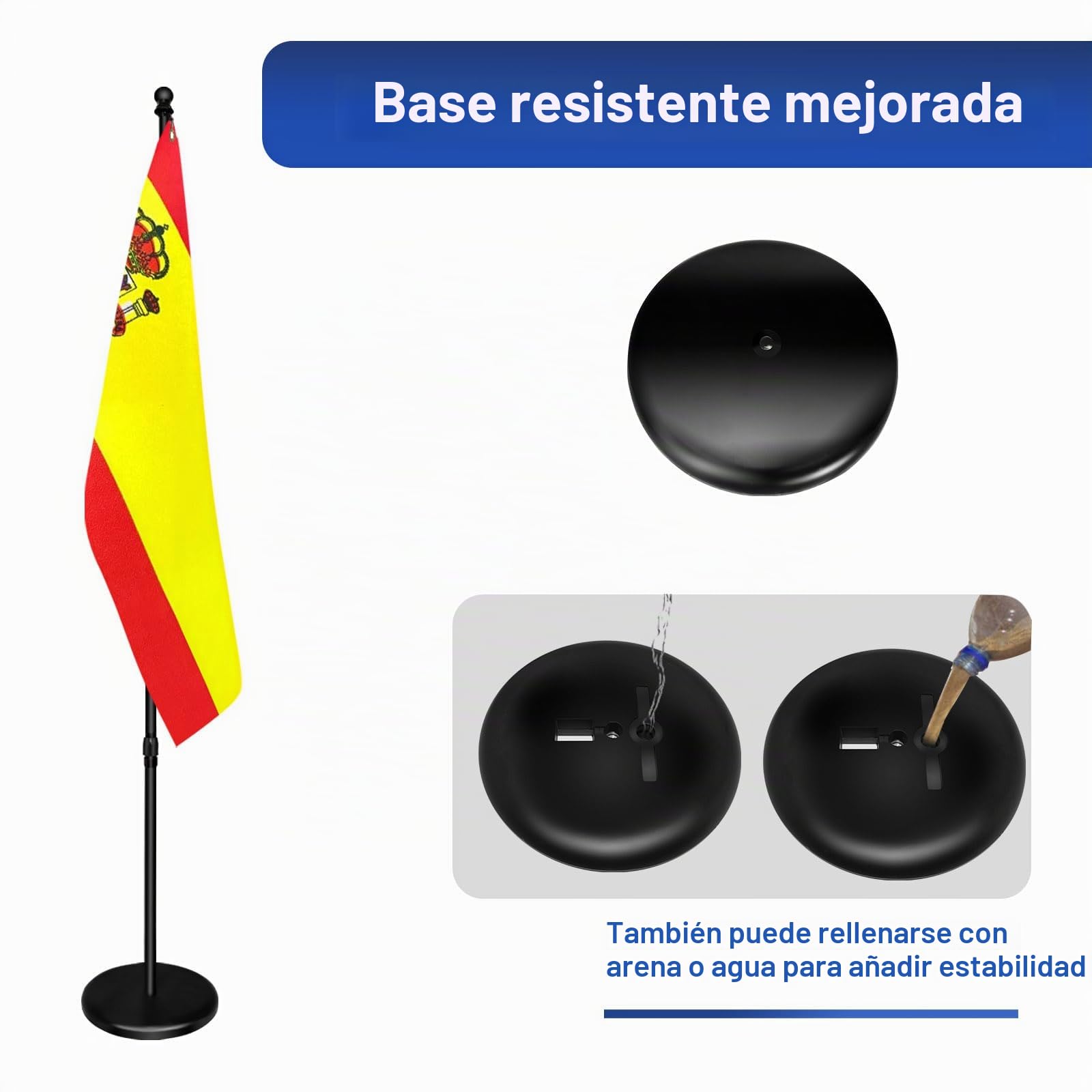 Mástil de bandera de interior con base, 200 cm-252 cm elevado y bajado para ajustar la altura, la base añade peso, los mástiles giran 360 grados, bandera de España de 90 x 150 cm. Adecuado para