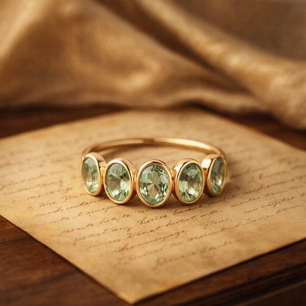 14K Yellow Gold Green Amethyst Half Eternity Ring Five Oval Bezel Set Wedding Band Minimalist Stackable Anniversary Promise Ring Dainty Fine Jewelry Gift for Her