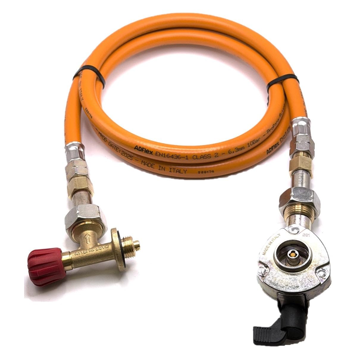 Zestaw wysokociśnieniowych pomarańczowych węży gazowych LPG 80 cm – 21 mm adapter do butli z gazem i zawór odcinający 16 mm