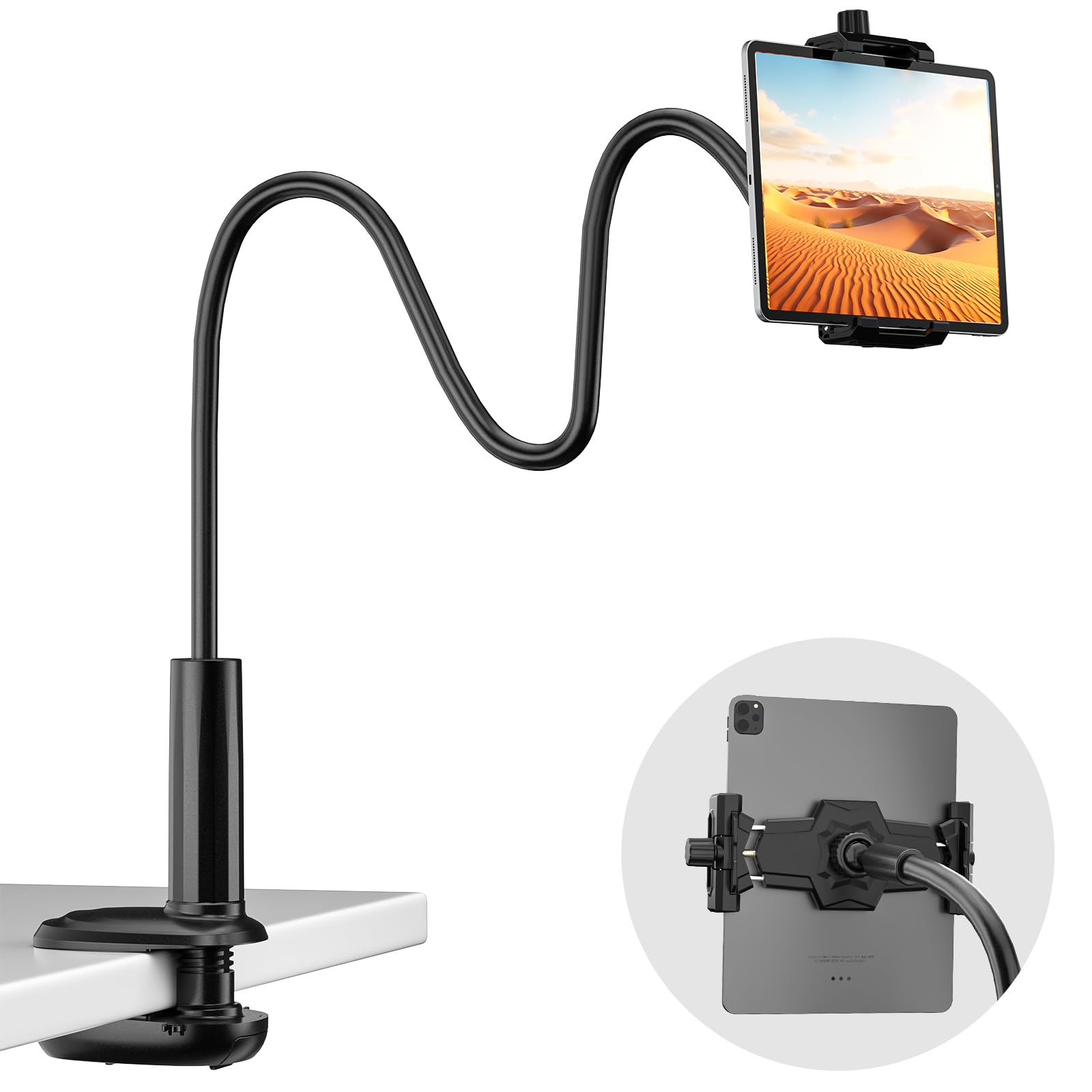 KDD Gooseneck Tablet Stand, Adjustable Phone & iPad Holder for Bed, Flexible Arm Mount for Video Recording, Bedside & Headboard Clamp for iPad Air Mini | Galaxy Tabs | Switch