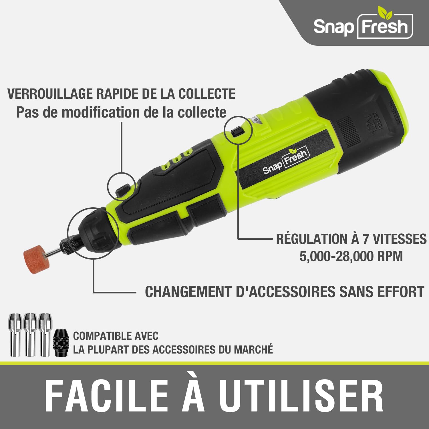 SnapFresh Outil Rotatif Multifonction Sans Fil 12V – 5000–28000 RPM pour Graver, Polir, Poncer, Percer et Bricolage, Arbre Flexible Inclus, 77 Accessoires & Chargeur Rapide 1 h