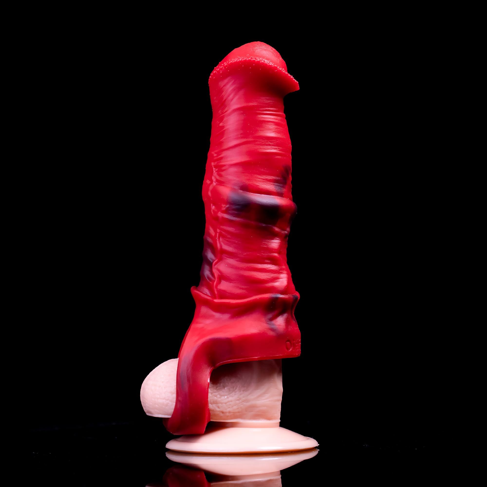 Guaina di estensione in silicone a forma di cavallo per pene maschile con fibbia estensibile per aumentare la lunghezza e la circonferenza (rosso)
