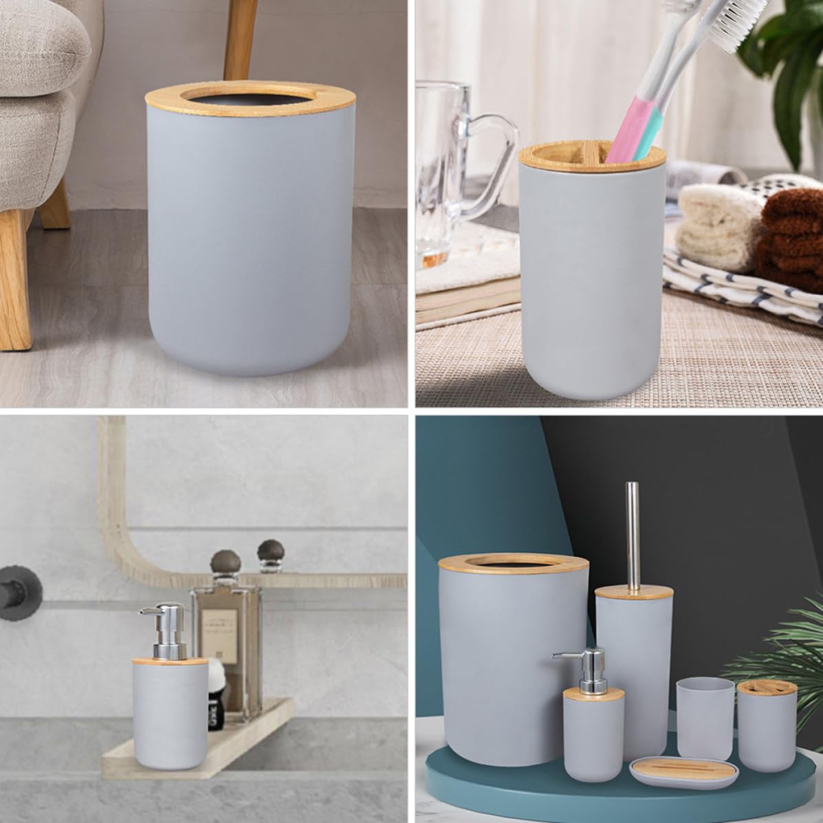 SOIMISS Conjunto de Accesorios de Baño Soporte para Cepillo de Dientes de Bambú y Plástico, Incluye Dispensador de Jabón Vaso para Enjuague Bucal, Diseño Elegante y Fácil de Transportar