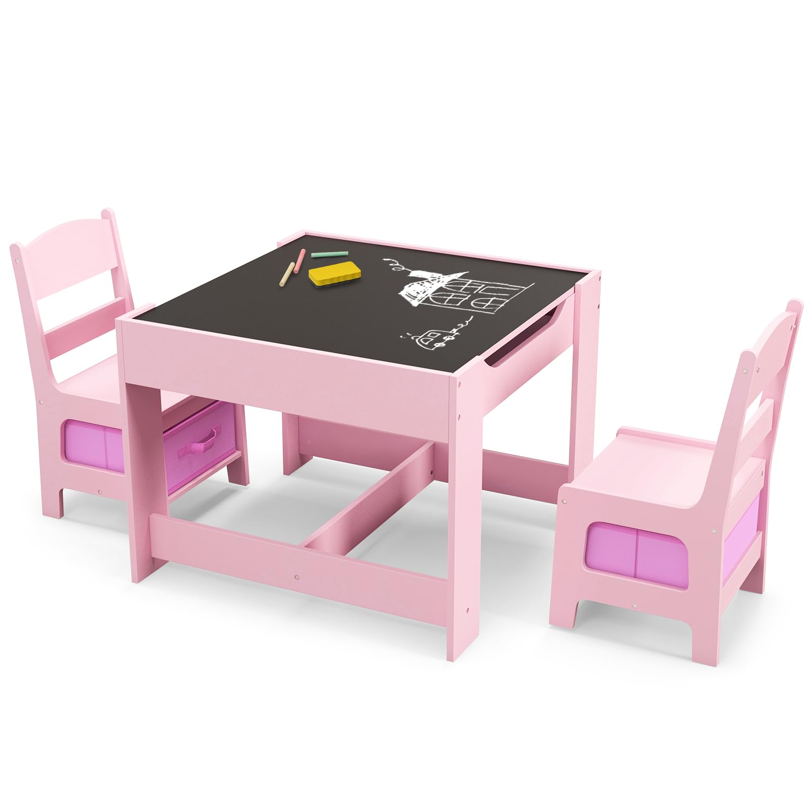 GLACER Kids Table and Chairs, 3 in 1 Craft Table with Storage, Detachable Tabletop, Removable Blackboard for Drawing, Reading, Toddler Table and Chair set for Playroom, Gift for Boys & Girls (Pink)