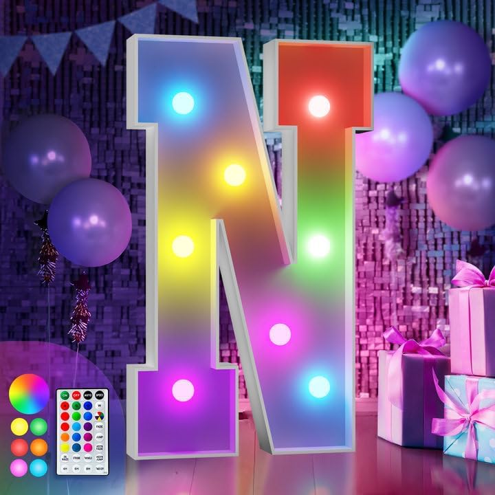Image of Imprsv Colorful 3FT Marquee Letters N, 18 Colors Large Light up Letters | RGB with Remote, Birthday Party Decorations Anniversary Wedding Decorations Assembly Required 23 Pcs Accessory Set