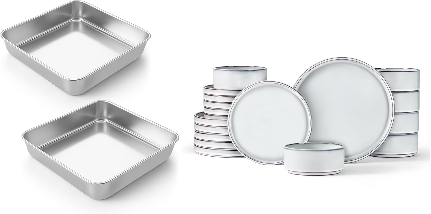 LIANYU 2 Pack 8 x 8 Inch Square Cake Pan, 18 Piece Dinnerware Sets for 6, Stainless Steel Baking Lasagna Brownie Bread Pan & Stoneware Dinner Plates and Bowls Set, Dishwasher Safe