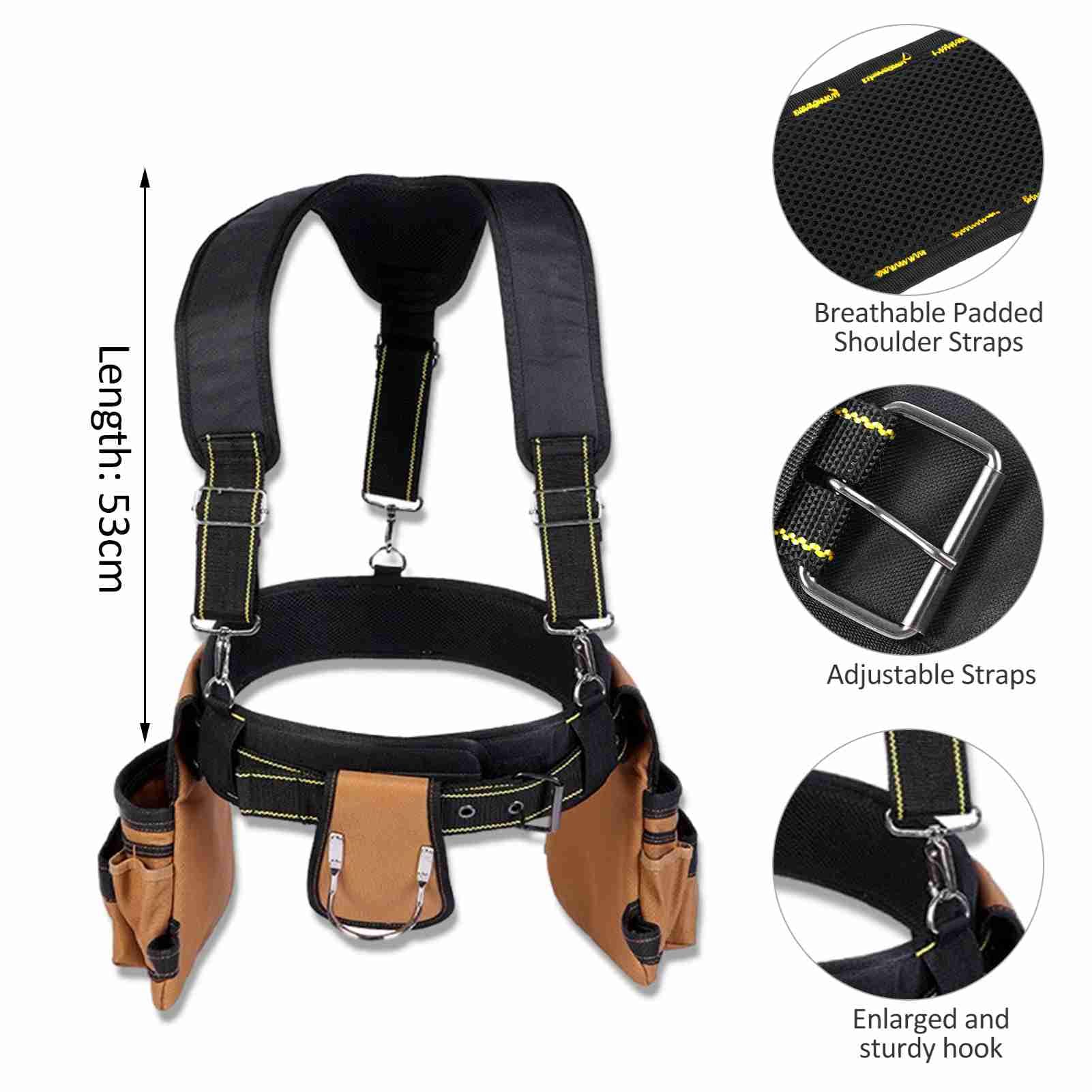 Cinturón de herramientas con tirantes, chaleco de herramientas con bolsa desmontable, bolsas, herramienta de soporte de cintura para carpinteros, electricistas y jardineros (cinturón de cintura)