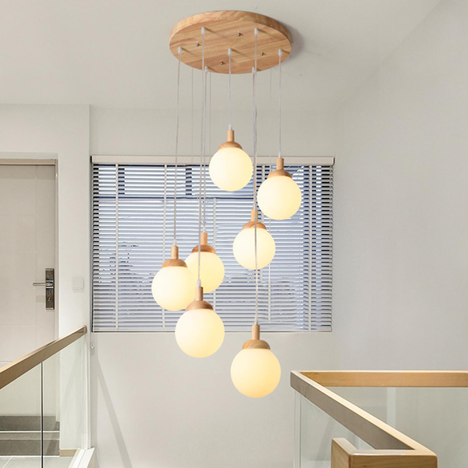 KXEcoLife 7-12 Glass Ball LED Chandelier, Staircase Pendant Light,Creative Gypsophila Long Hanging Lights, Adjustable Length Chandeliers, Modern Ceiling Lights in The Villa, Stairwells and L