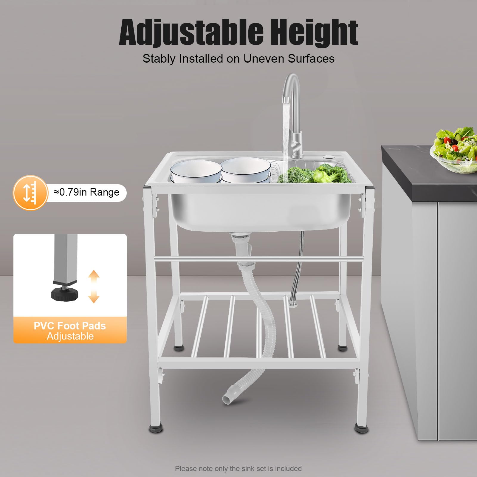 Lavello da cucina in acciaio inox, 60 x 45 x 75 cm, per hotel