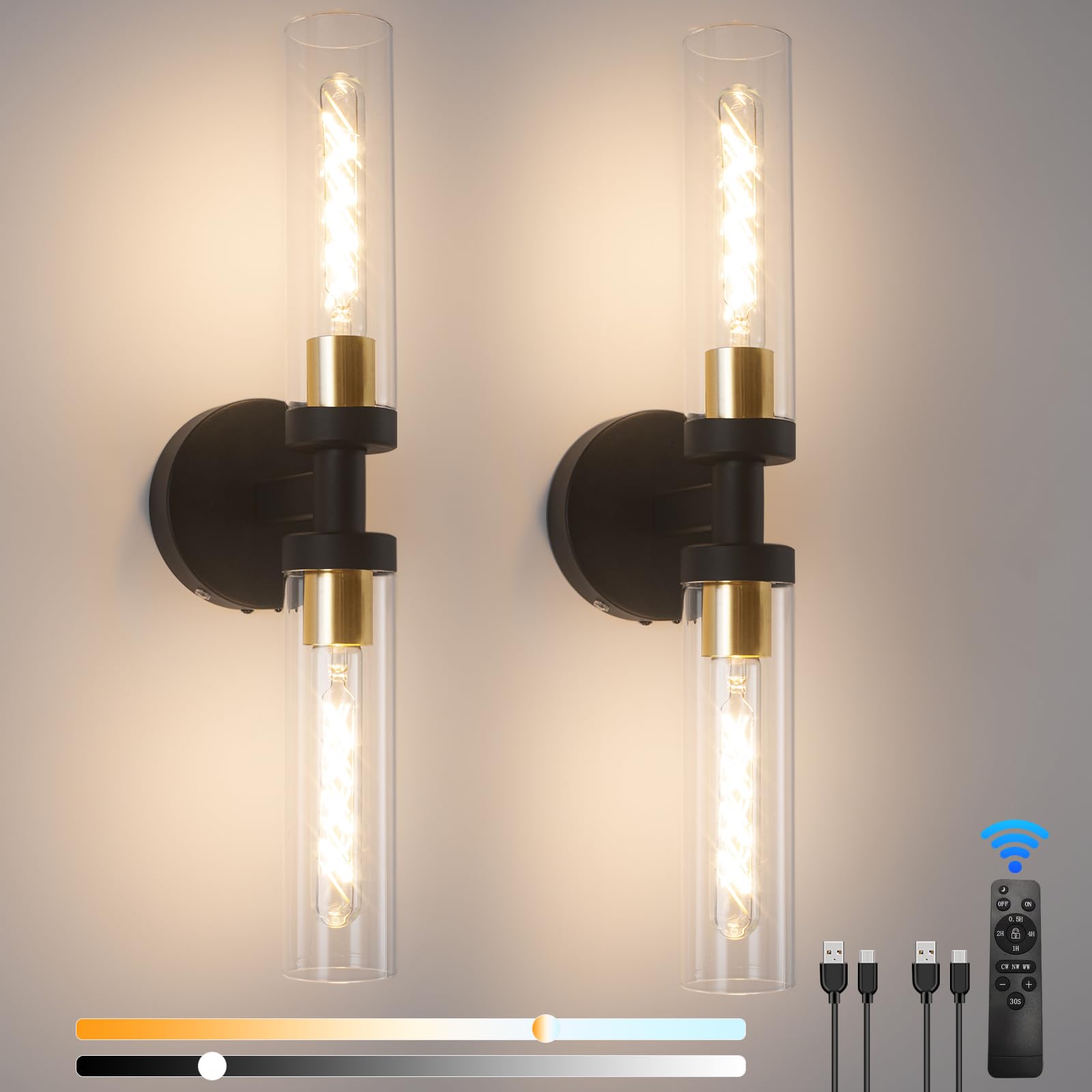 Vloitgol Wall Sconce Set of 2, Battery Operated Wall Sconce Light, Rechargeable Wall Lights with Remote, Indoor Non-Hardwired, Modern Vanity Light for for Bedroom Aisle Living Room Hallway Bedside