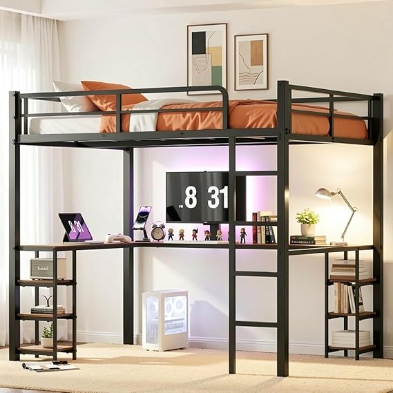 Full Size Loft Bed with Desk & Open Shelves