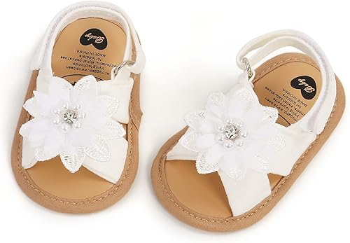 Miniatura 5 de GDSDYM Sandalias de verano para bebés y niñas con lazo de flores, suela suave, para vestido de boda, zapatos planos para recién nacidos, primeros