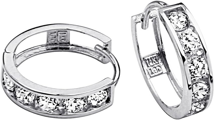 14k Yellow or White Gold 4mm Thickness Channel Set Hoop Huggie Earrings (15 x 15 mm)