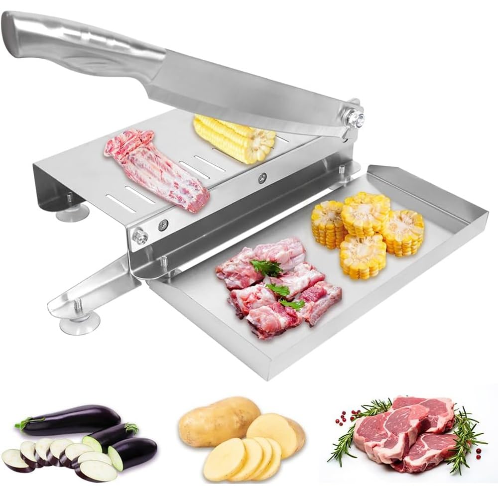 ASerZenith Manual Bone Meat Cutter - 304 Stainless Steel Slicer With Tray For Fish, Chicken, Beef, Vegetables, And Cooked Food,L