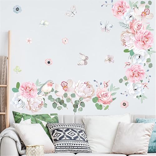 Miniatura 5 de WOHAHA Calcomanías de pared florales para despegar y pegar, calcomanías de pared con diseño de mariposas y pájaros, peonías rosas, hojas verdes,