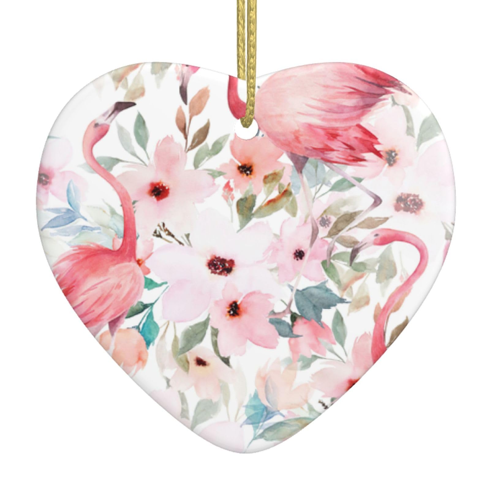 Nbtghga White Floral With Flamingo Print Christmas Ornaments, Ceramic Hanging Ornament, Xmas Tree Decoration, Holiday Home Decor