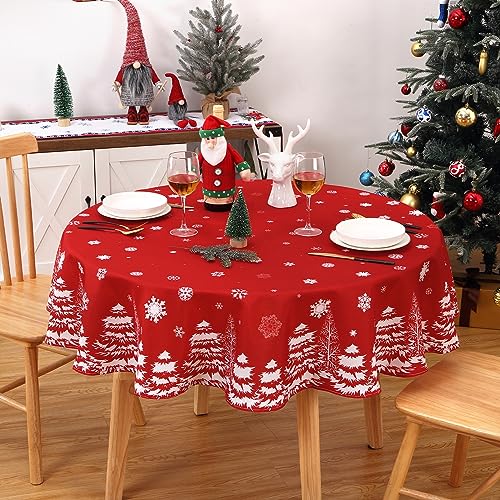 CAROMIO Mantel redondo rojo de Navidad con patrón de pino de copo de nieve, resistente al agua, para decoración de Navidad, Año Nuevo, fiesta de Navidad, decoración del hogar, 60 pulgadas de diámetro