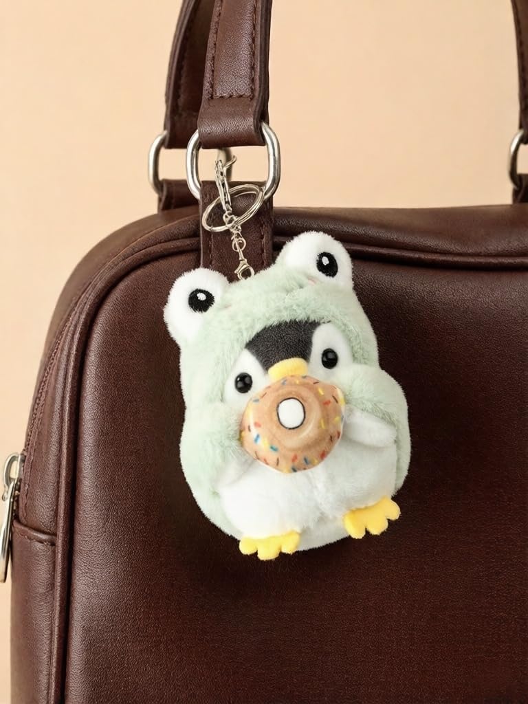 Cute Frog-Shaped Penguin Plush Keychain with Three-Dimensional Donut, Soft Stuffed Animal Keyring for Backpack, Car Keys, Birthday Gifts