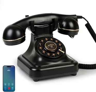 Bluetooth Rotary Landline Phone, Retro Bluetooth Home Phone, Vintage Old Fashioned Telephone with Speakerphone & Volume Control, Wireless Rechargeable Telephone for Bedroom, Home & Office, Black