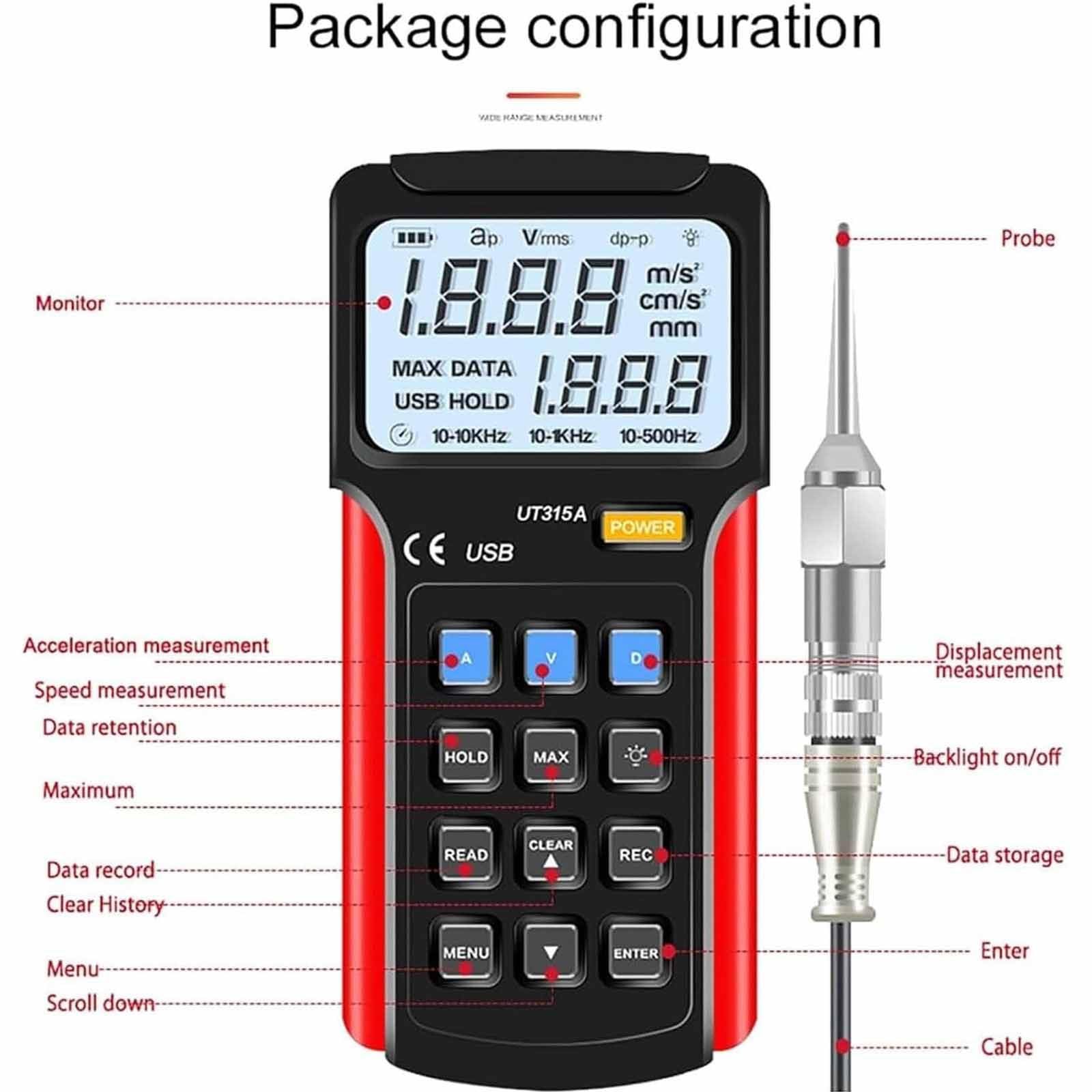 Misuratore di Vibrazioni Meccaniche Digitale Portatile, 0,01~199,9 Mm/S, Misuratore di Vibrazioni Meccaniche, con Sonda Altamente Sensibile, può Memorizzare Dati