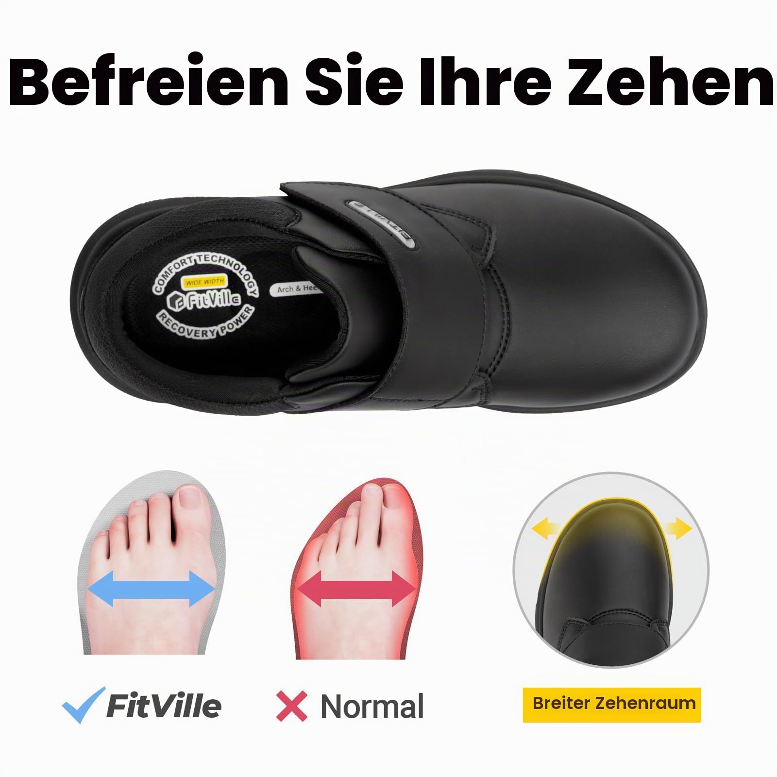 FitVille Weite Lederschuhe mit Klettverschluss Herren Business Casual Verbandschuhe Gesundheitschuhe Freizeitschuhe Bequeme Sneaker Walkingschuhe Büro EasyTop V4