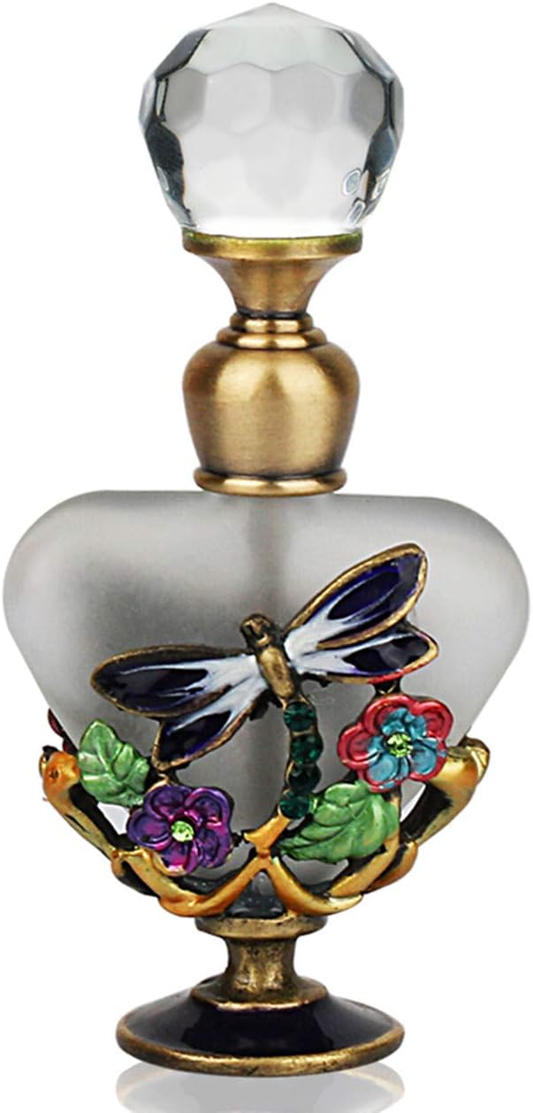 YU FENG5ML Vintage Retro Dragonfly Perfume Bottles Heart Shaped Decorative Empty Essential Oils Bottles Glass Refillable Frosted Lotion Bottle For Girls or Women