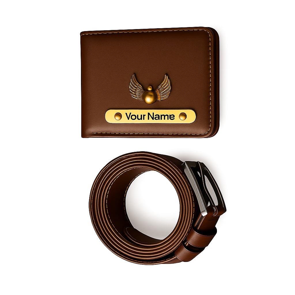 Personalised Wallet & Belt Combo Pack for Men, Customised with Name & Charm, Faux Leather, Brown-image-8