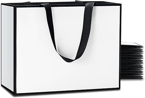 Bolsas de regalo blancas y negras a granel YACEYACE 20 piezas de 10.5 x 4.25 x 8 pulgadas, bolsas de regalo medianas blancas con asas de cinta,