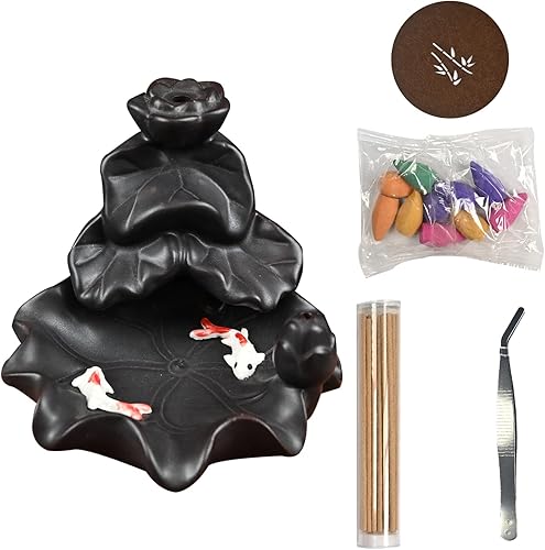 Miniatura 2 de Ceramic Backflow Incense Burner Waterfall Incense Burner Holder Koi Fish Incense Burner with 20 Incense Cones and 30 Incense Stick Hand-Made Incense