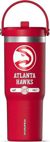 Hydrapeak x Vaso con licencia oficial de la NBA Atlanta Hawks de 32 onzas con asa y tapa con popote, botella de agua de acero inoxidable a prueba de
