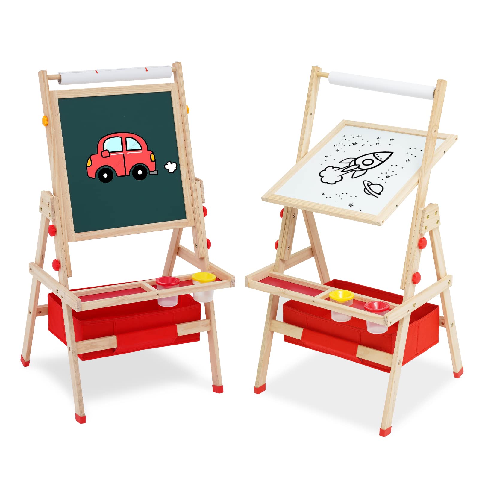 HOMCENT Kindertafel aus Holz mit Papierrollenhalter für Kinder, Doppelseitige Drehbare Kunst Staffelei für Jungen Mädchen, Staffelei Holz Kinder mit Whiteboard, Tafel