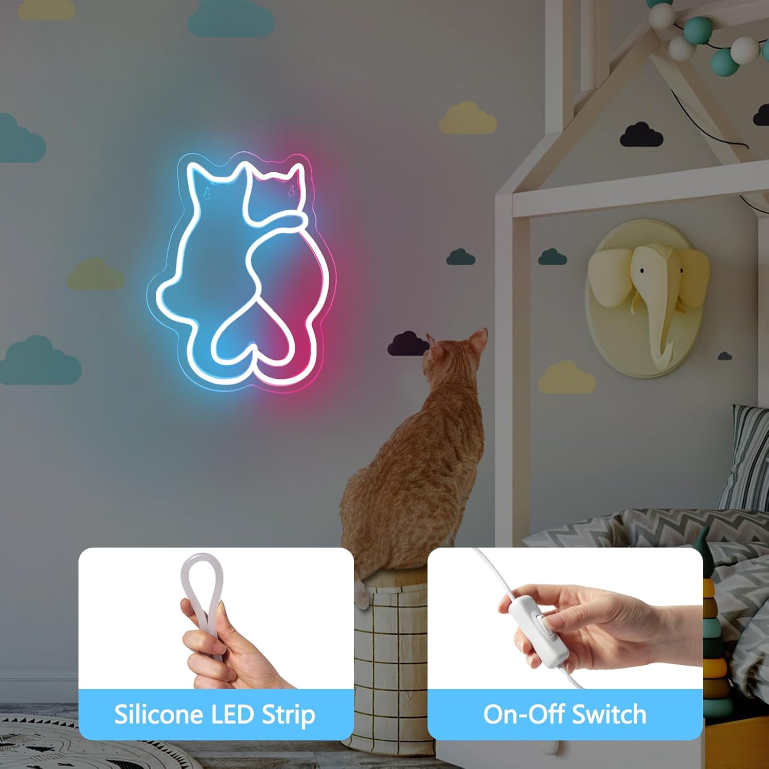 Two Cat Neon Signs, Cat LED Neon Sign for Wall Decor, Cute Cat Neon Lights, Kawaii Animal 3D Wall Art Neon Light Sign for Bedroom Living Room Children Kids Girls Gift Bar Home Party Birthday - Image 5