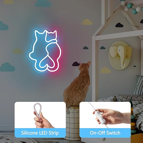 Miniatura 5 de Letreros de neón con dos gatos, letrero de neón LED para decoración de pared, lindas luces de neón de gato, arte de pared 3D Kawaii animal para